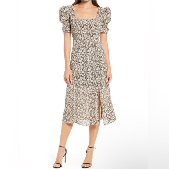 NWT San Edelman Beige/Black Ditsy Floral Midi Dress W/ Puff Sleeves Size 6 - Picture 1 of 6